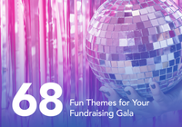 Person holding a large disco ball in front of shiny pink and purple streamers, with text reading '68 Fun Themes for Your Fundraising Gala'