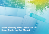 Flat lay of a laptop, notebook, and desk accessories with a gradient overlay; text reads: Event Planning Skills That Make You Stand Out in the Job Market