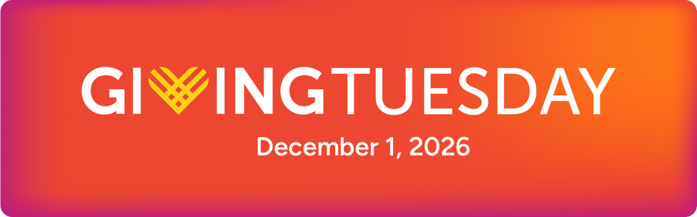 GivingTuesday banner with the GivingTuesday heart logo and December 1, 2026 in white and yellow on an orange and magenta background