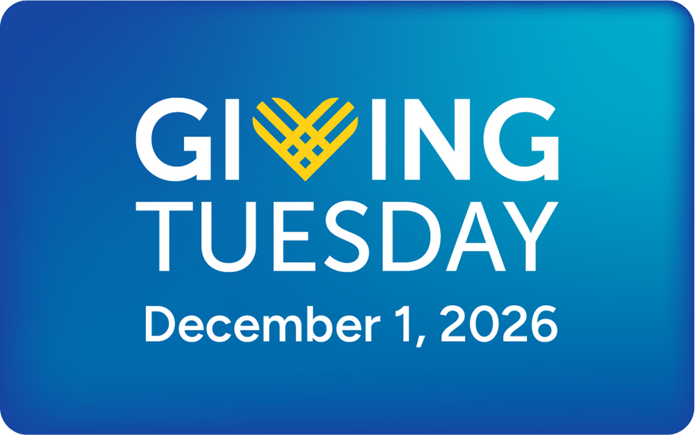 GivingTuesday campaign page header with the GivingTuesday heart logo and December 1, 2026 in white and yellow on a blue background