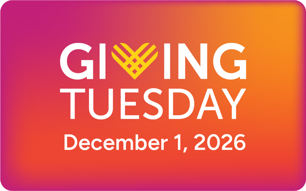 GivingTuesday campaign page header with the GivingTuesday heart logo and December 1, 2026 in white and yellow on an orange and magenta background