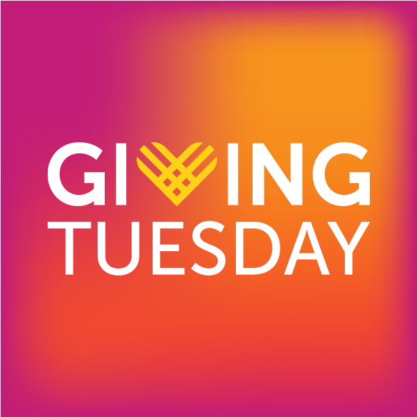 Square GivingTuesday graphic with the GivingTuesday heart logo in white and yellow on an orange and magenta background
