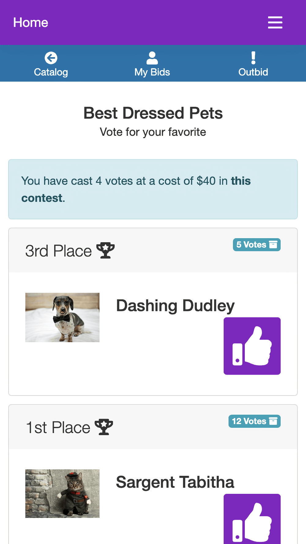 Mobile screenshot of our voting contests