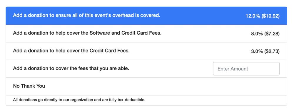 Last Ask at checkout showing suggested percentages, a custom amount field, and a No Thank You opt-out option