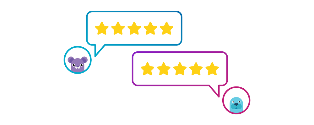 Illustration for testimonials page: Two speech bubbles with five stars in each.